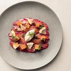 Beetroot Cured Salmon with Creme Fraiche image