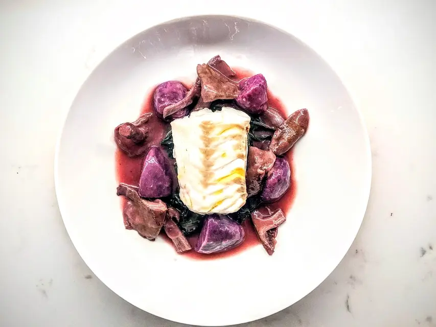 Wood Blewits, Purple Potatoes and Steamed Hake image
