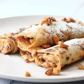Peanut Caramel Cream Cheese Pancakes image